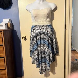 Rue21 Ivory & Blue Hankerchief Hem  Asymmetrical Strapless Dress